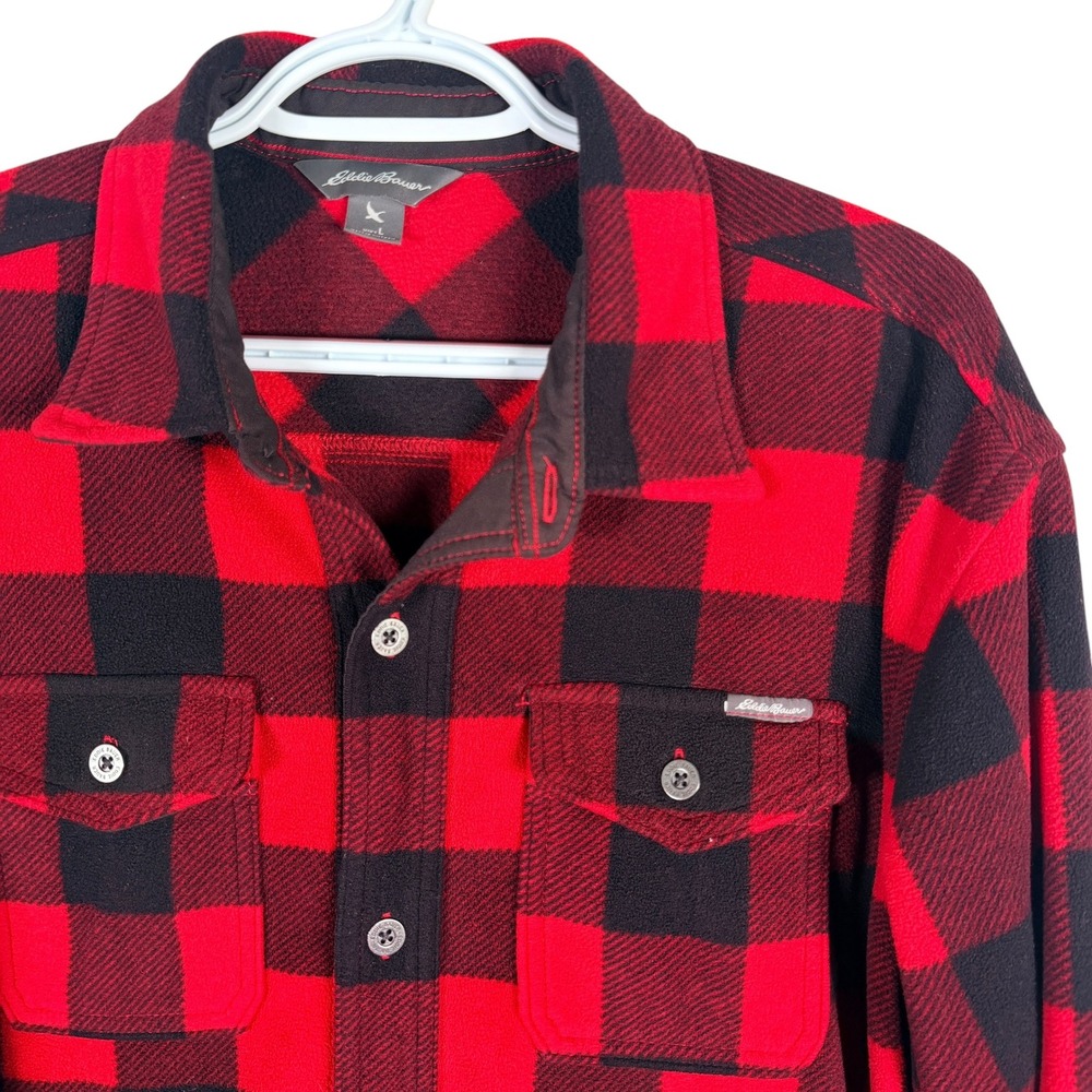 Eddie Bauer Fleece Flannel Shirt Button Up Mens L Red Black Buffalo Plaid